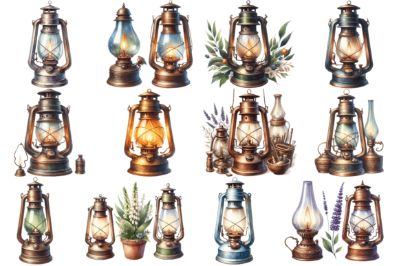 Download 12 Watercolor Rusty Kerosene Lamp Bundle - Rose Collection