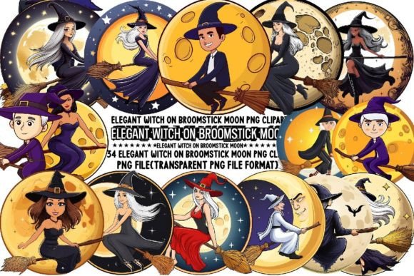 Download Elegant Witch on Broomstick Moon PNG - Elegant Collection